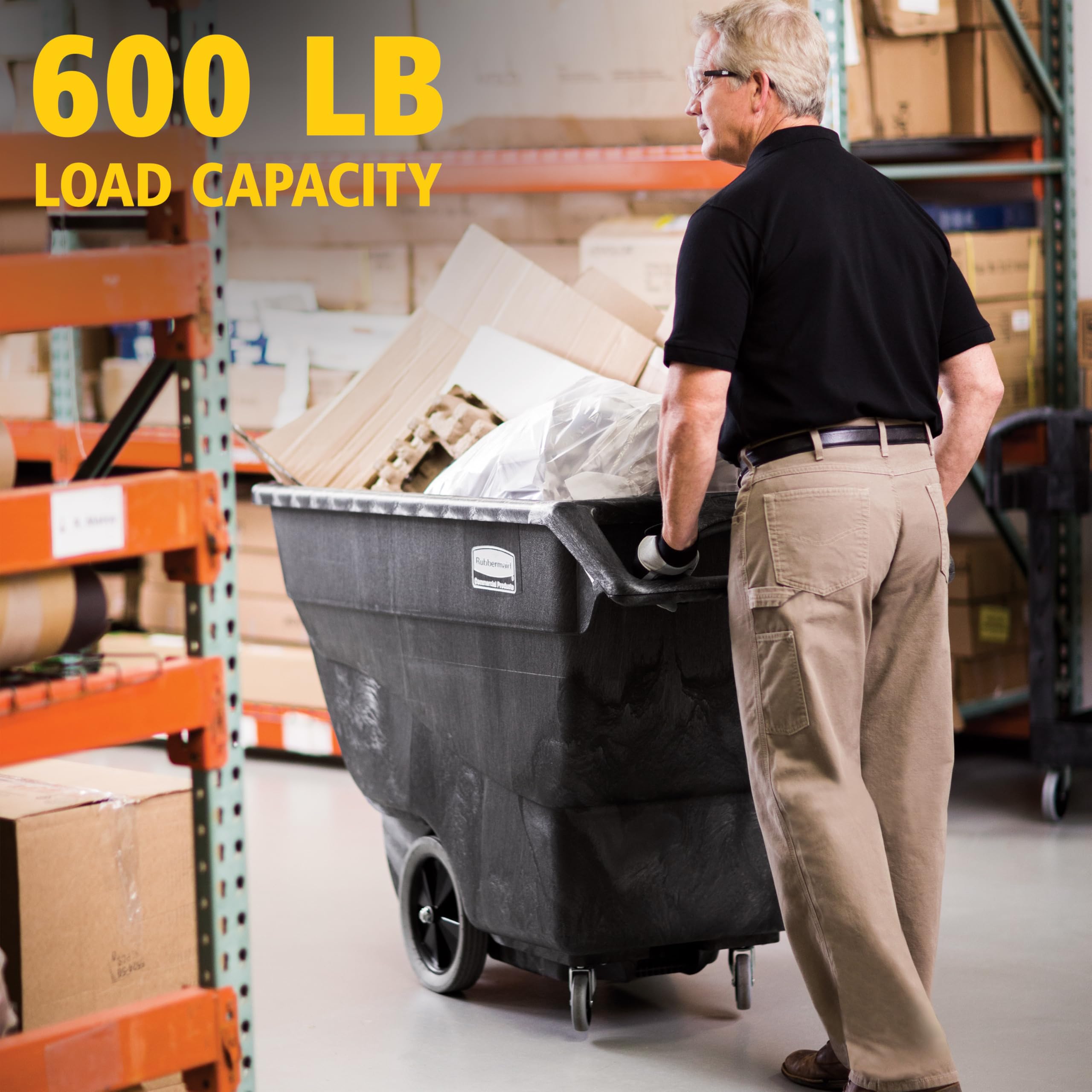 Rubbermaid Commercial Products Tilt Truck 600 L Schwarz – Kippwagen für Abfall und Recycling mit 272 kg Traglast und Rollen, Robuste Konstruktion für Lager Büro und Facility Management – FG101100BLA