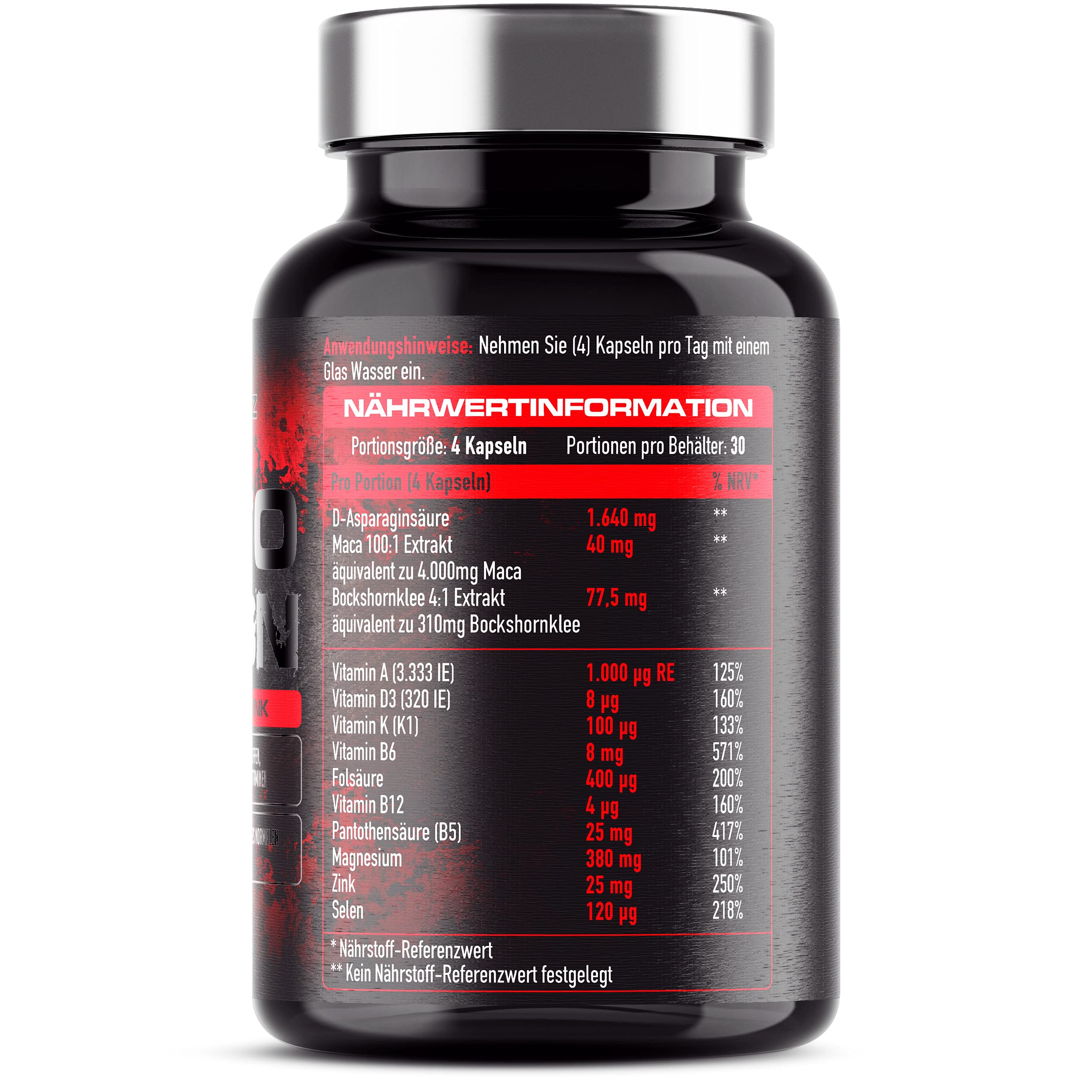 Testo Demon für Männer - Hochdosiert mit Zink + Aminosäuren + Maca + D-Asparaginsäure (120 Kapseln)