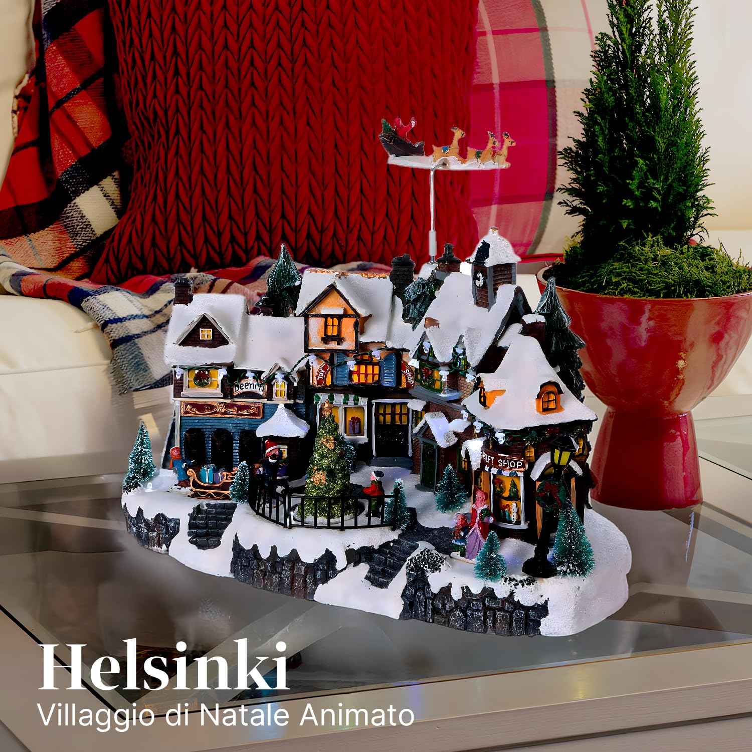 Avilia Villaggio di Natale Animato con Illuminazione LED e Musica Natalizia - Ideale per Decorare in Modo Unico e Moderno la Tua Casa - Realizzato con Materiali Resistenti - 31x38x22cm