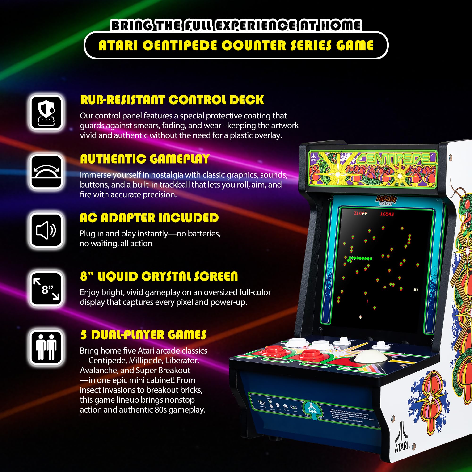 Arcade Classics Maszyna do gier Atari Centipede Counter, 5 gier, ekran ciekłokrystaliczny 20 cm, mini szafka, przenośna gra, retro, konsola na blat, dekoracja piwnicy, męska jaskinia