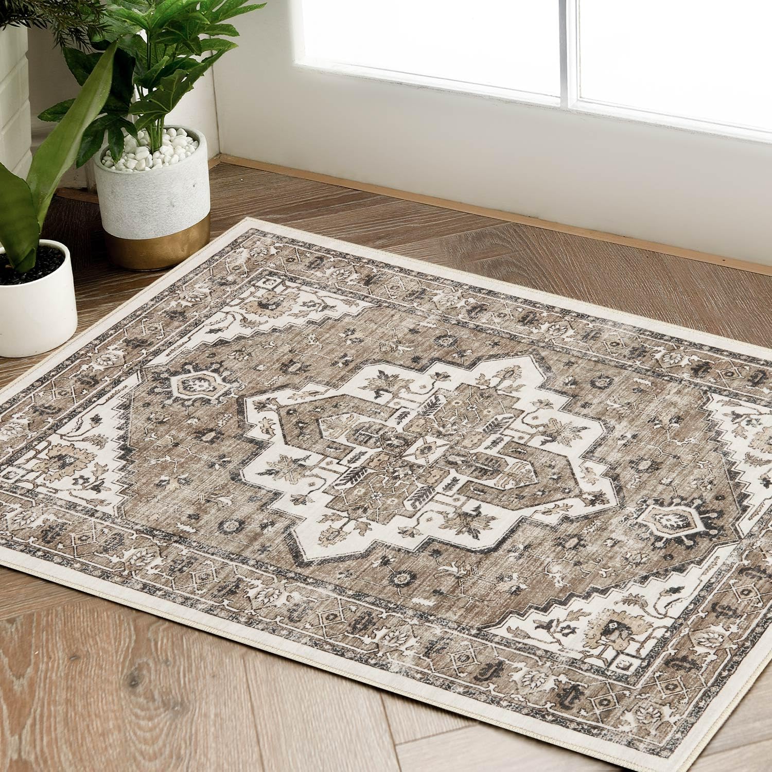 jinchan Area Rug 2x3 Tribal Entryway Rug Small Rug Washable Boho Area Rug Doormat Distressed Carpet Faux Wool Soft Rug Accent Rug Non Slip Bathroom Kitchen Living Room Bedroom Brown