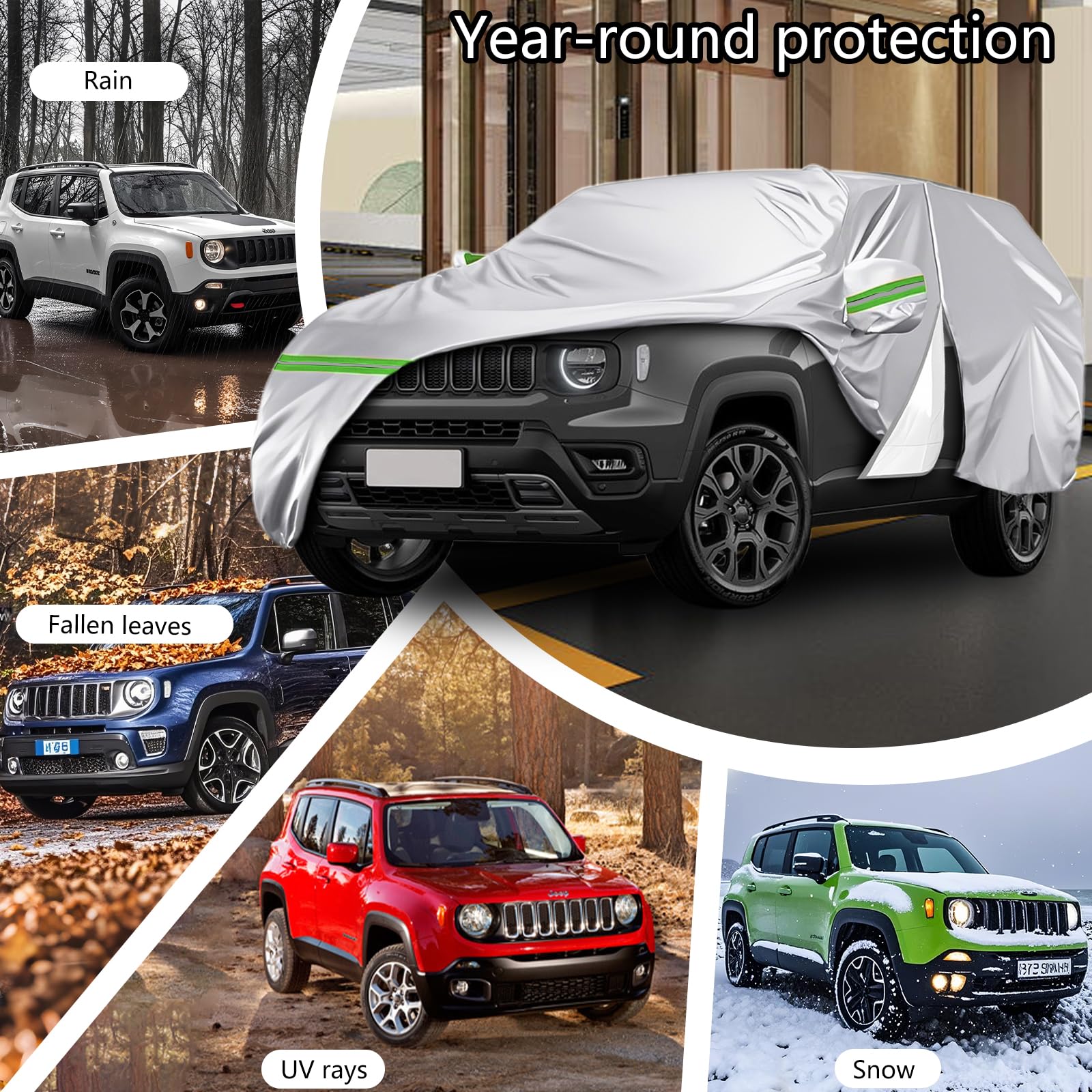 Autoabdeckung für Jeep Renegade(2014-2024), DuPont Oxford Vollgarage für Jeep Renegade, Mit Windschutzbändern, Reißverschlusstür, Auto Abdeckung für Jeep Renegade, Schutz, Schnee, Sonnenstrahlen,Staub