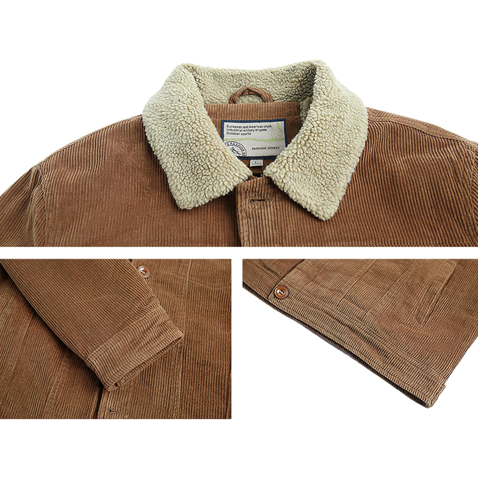 rismart Homme Veste en Velours Côtelé Doublure Sherpa Camionneur Boutonné Col à Revers L'hiver Chaud Manteau