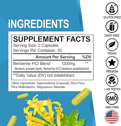 Miniatura 6 de Cápsulas de suplemento de berberina – 1200 mg de berberina HCL Suplemento para un apoyo metabólico saludable – Complejo natural premium para mujeres