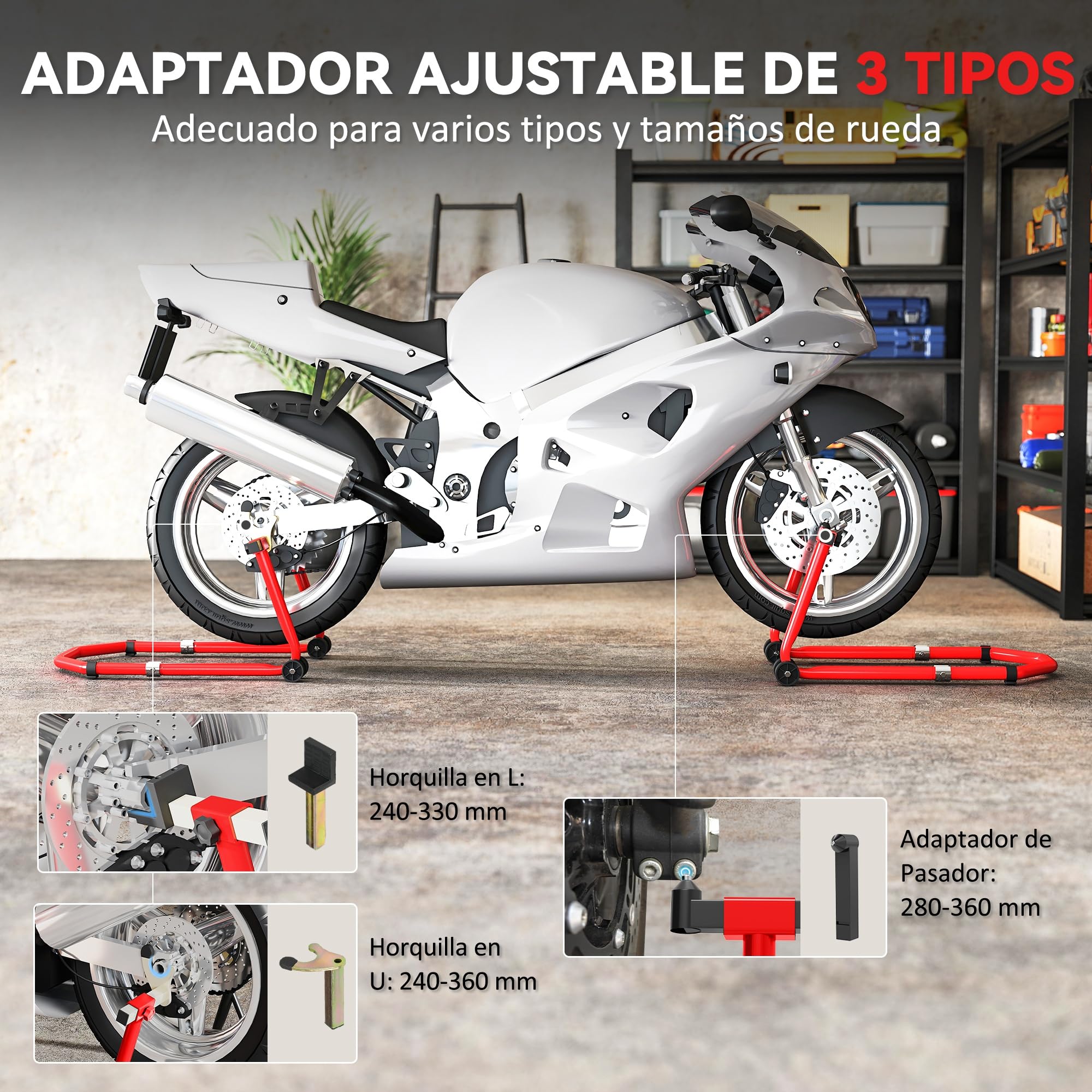 HOMCOM Caballete Moto Elevador Universal Carga 390 kg Combo Soporte de Rueda Delantera y Trasera Motocicleta con Adaptadores de Horquillas en U y L Ajustables y Ruedas para Reparación y Mantenimiento