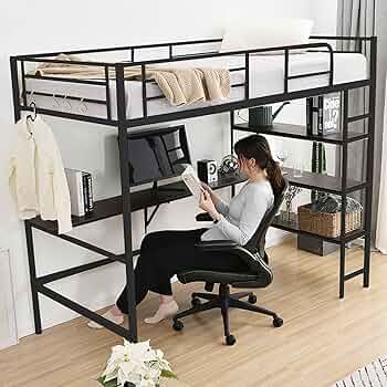 大人気！ロフトベッド（S）収納 北欧風 おしゃれ スチール BLACK Amazon｜ロフトベッド シングル デスク付き 収納棚3段 コンセント2口