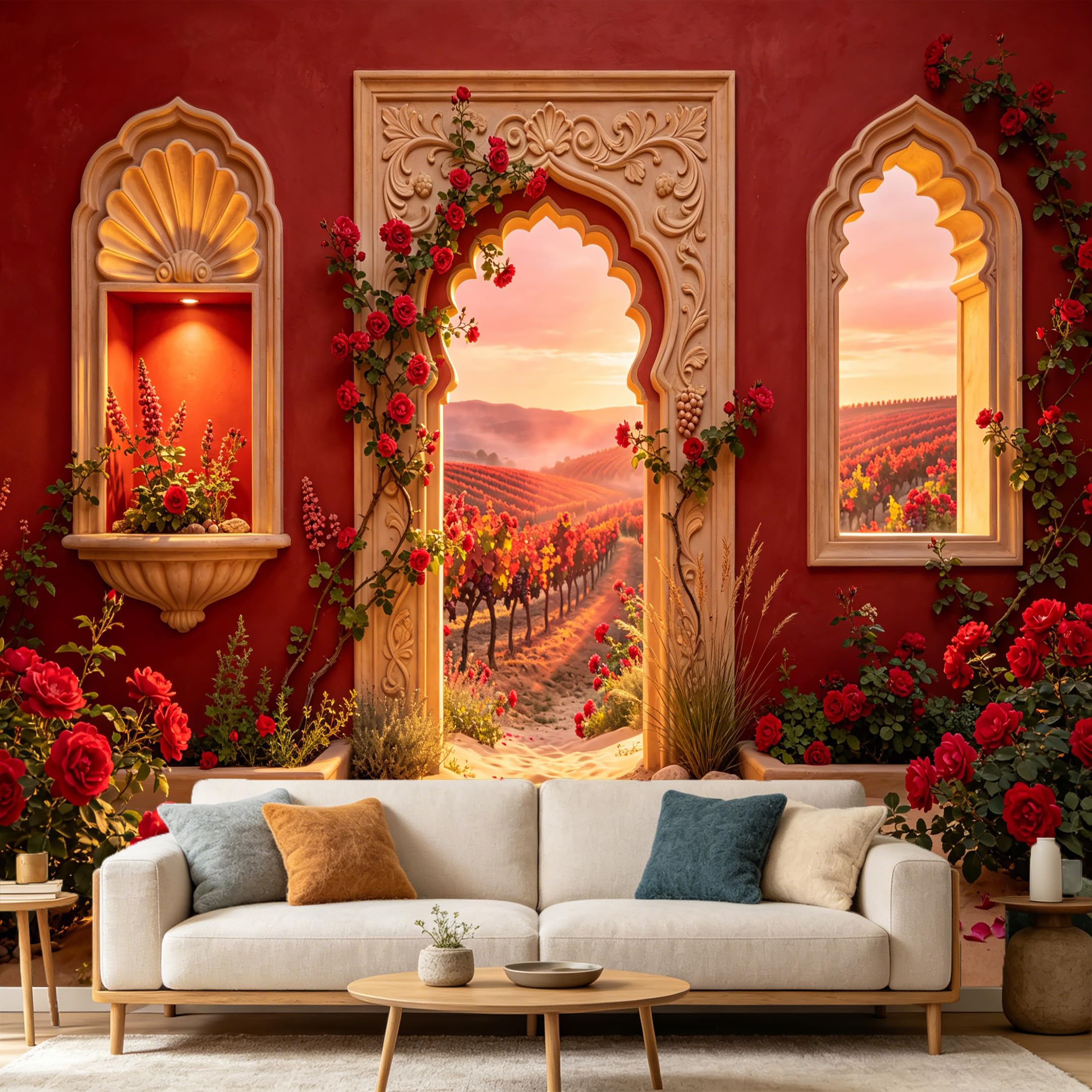 Custom Size Wall Mural， Mediterranean Red Vineyard Landscape Floral Archway， SelfAdhesive Art Prints wall Fabric Removable Large Wallpaper Home Living Room Decor Aesthetic Wall Mural