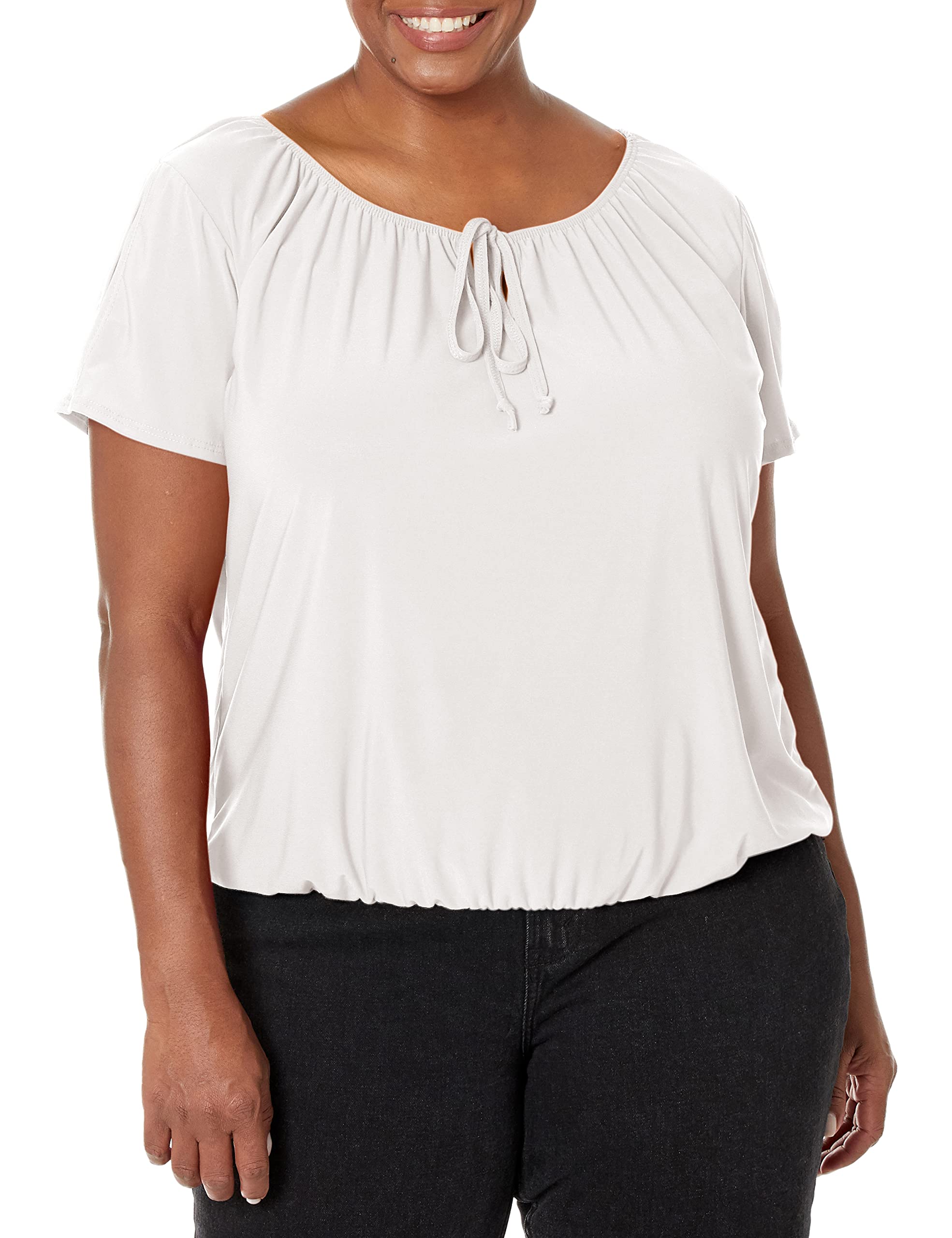 Star Vixen Women's Short/Slit Sleeve Keyhole-Tie Peasant Top Bubble Hem Blouse, Ivory Solid, Medium