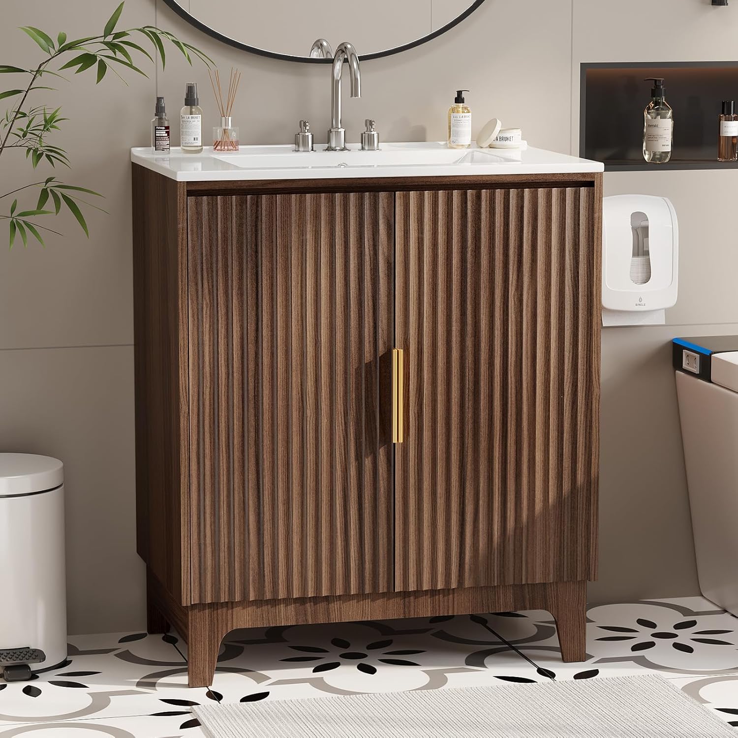 VINGLI 30 Inch Bathroom Vanity with Sink, Mid-Century Modern Vanity with Ceramic Basin and Fluted Soft-Close Doors, U-Shape Storage Shelf,Free Standing Small Bathroom Sink Cabinet Combo Set,Walnut