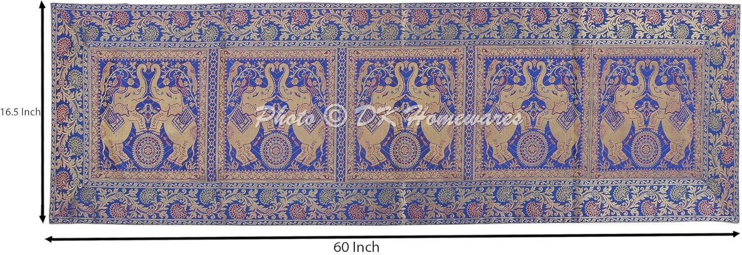 Traditional Dining Table Decor Blue Gold Centerpiece Brocade Satin 150 X 40 Cm Jacquard Elephant Floral 5 Ft Table Runner (60X16 Inches)