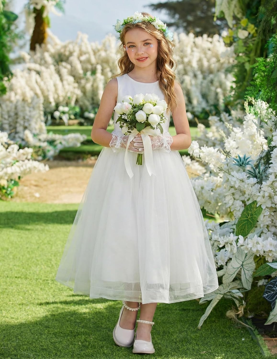 Arshiner Flower Girl Dress V-Back Bowknot Formal Pageant Ball Gown Wedding Party Long Tulle Dresses