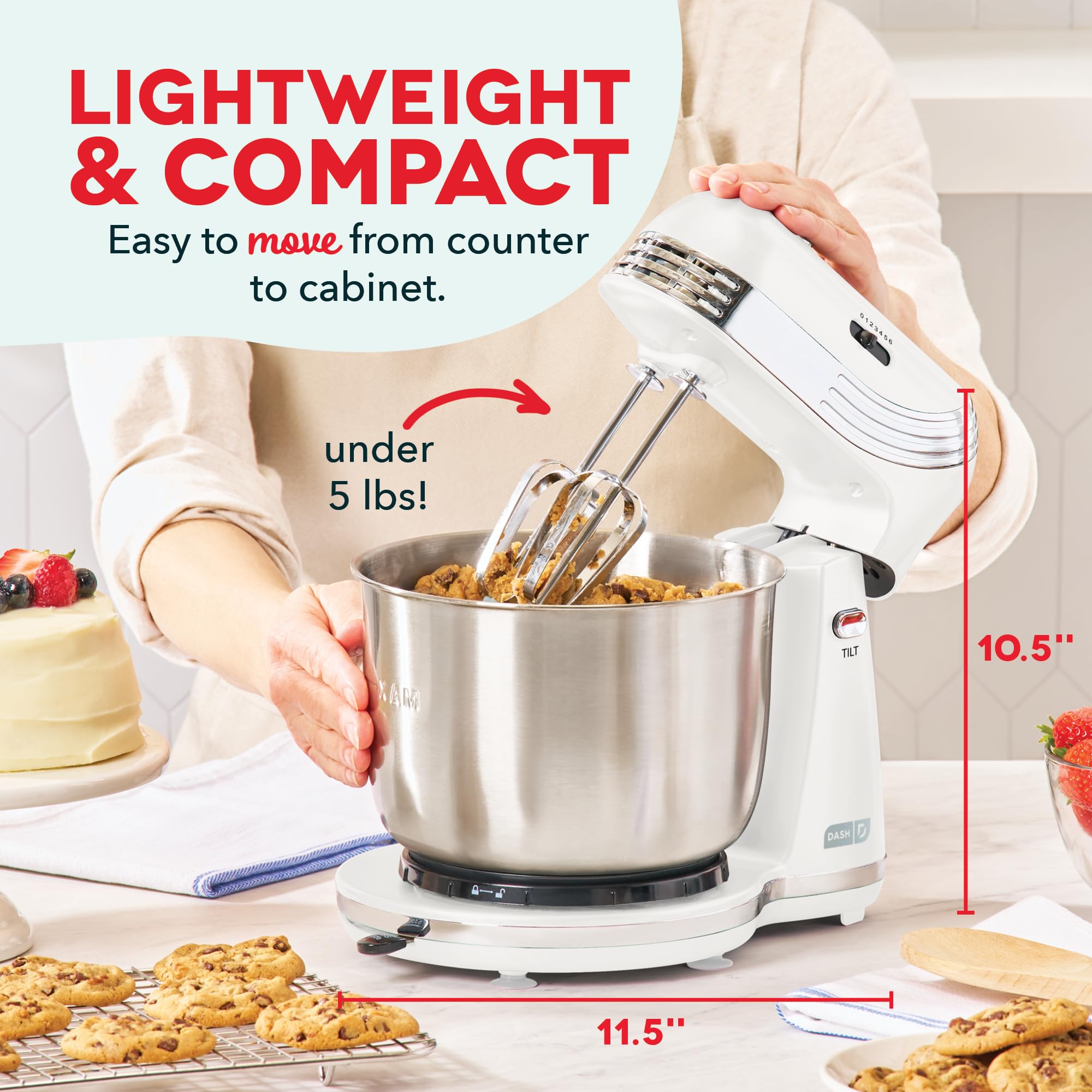 Dash Everyday Stand Mixer - Compact Tilt-Head Stand Mixer for Everyday Recipes - 6-Speed Power with Stainless Steel Bowl - White, 3-Quart view 2