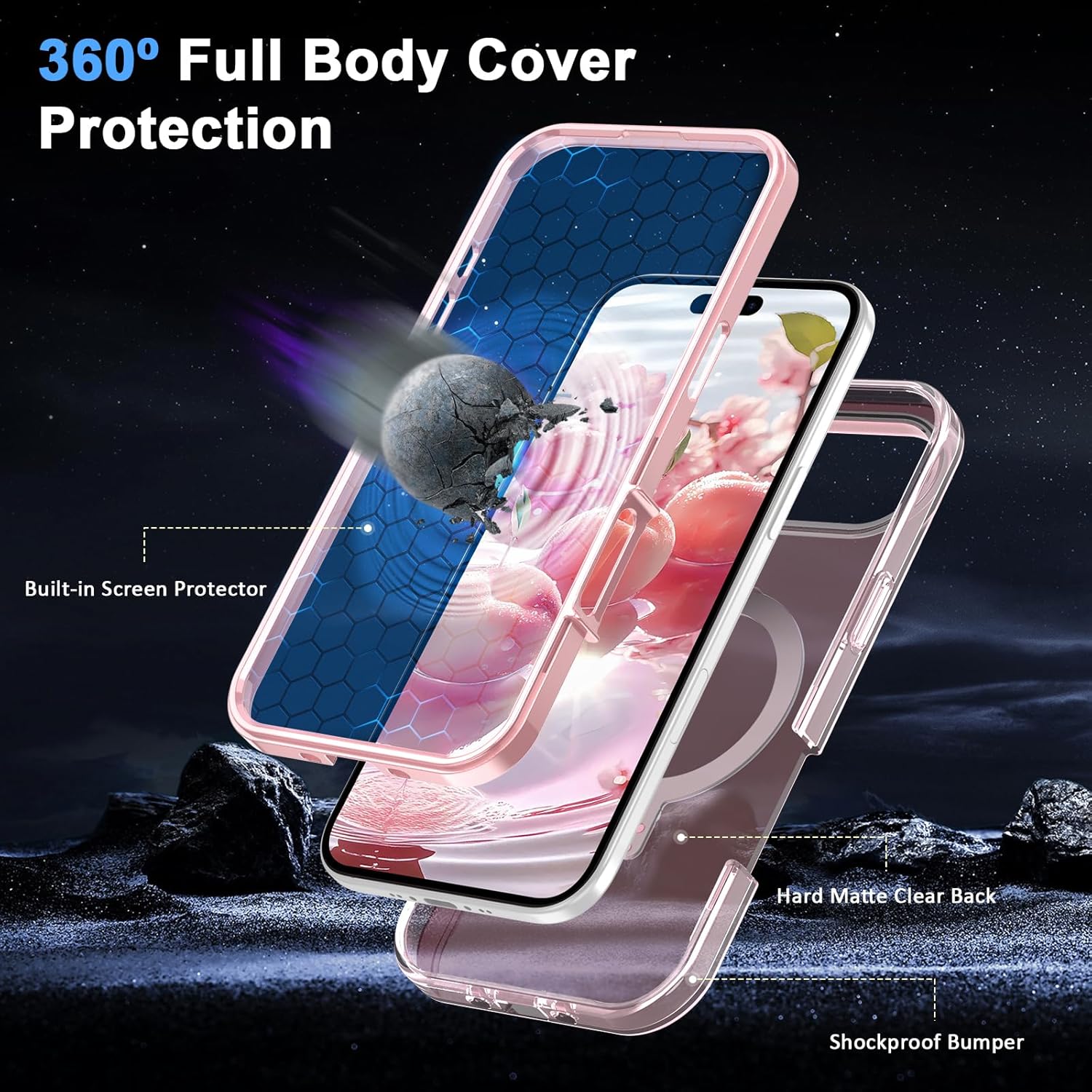 for iPhone Air Full Body Shockproof Case with Magnetic Invisible Stand [Compatible with MagSafe] Built-in Screen Protector Military Drop ProtectionTranslucent iPhone Cover -Pink