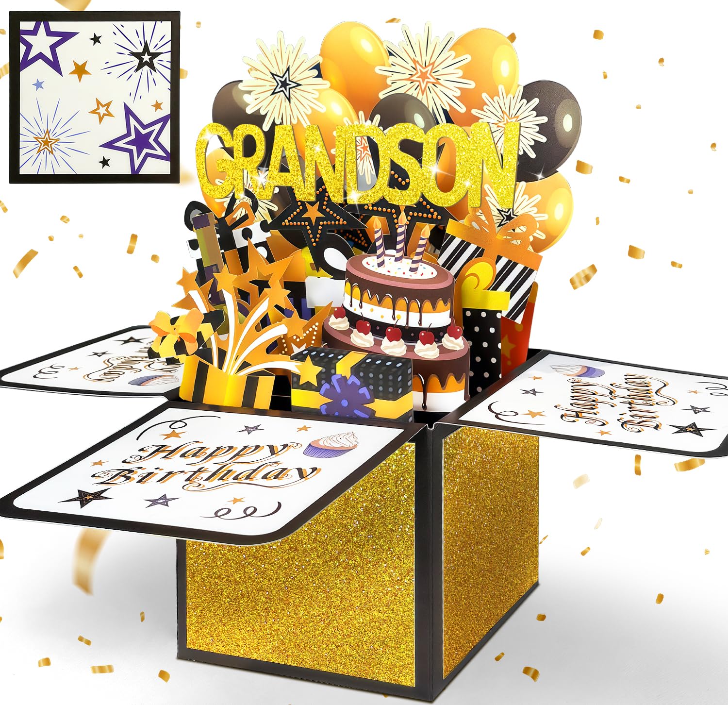Happivue Grandson Birthday Card, 3D Black Gold Pop Up Happy Birthday Card for Him, Personalised Special Gifts for Grandson from Grandpa Grandma, Boy Greeting Cards for Adult with Envelope Blanknote — image 1