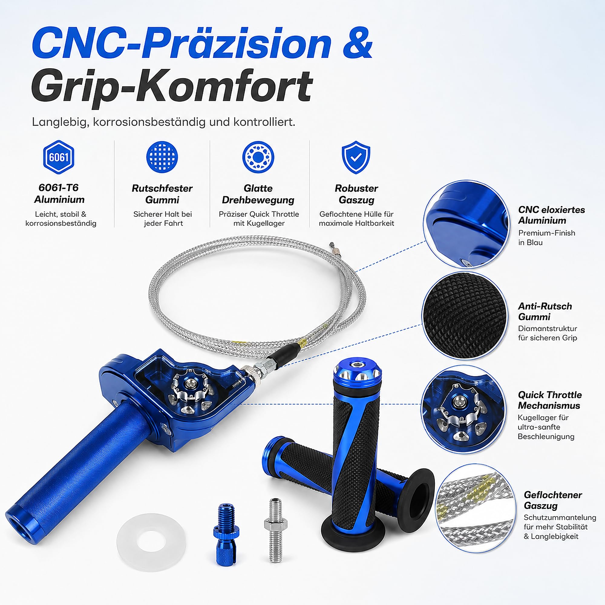 Motorrad Griffe Schnellgasgriff Set, Gasgriff 22mm CNC Aluminium + 1,2M Gasbowdenzug, Quick Twister Kurzhubgasgriff für CRF50 70 110 IRBIS 125 250 Blau