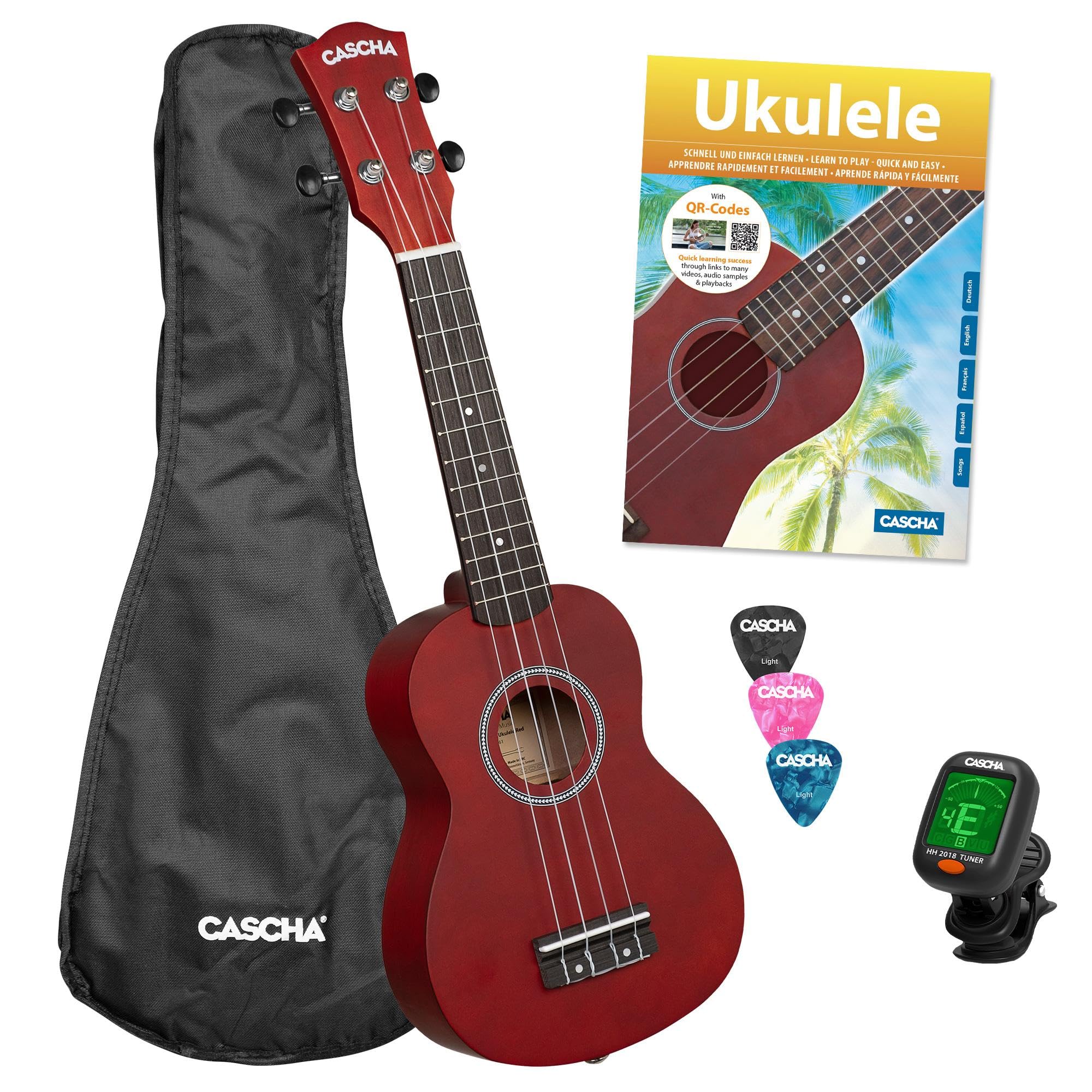 Soprano Ukulele Linden Red Set (incl. incl. 4 languages Method (DE/EN/FR/ES), Bag unpadded, 3 Picks, Tuner) **