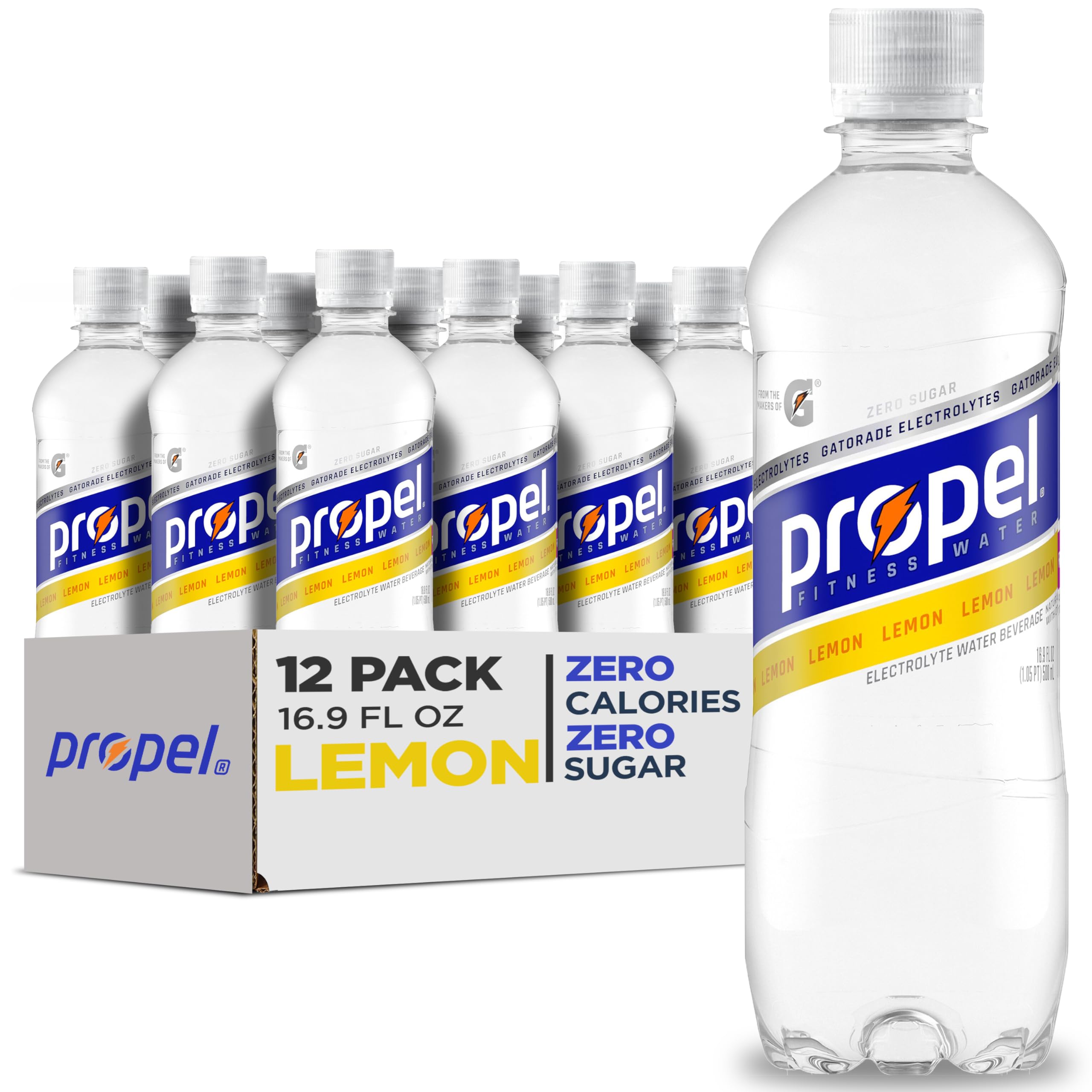 Propel, Lemon, Zero Calorie Sports Drinking Water with Electrolytes and Vitamins C&E, 16.9 Ounce Bottles (Pack of 12), 16.9 Fl Oz (Pack of 12)