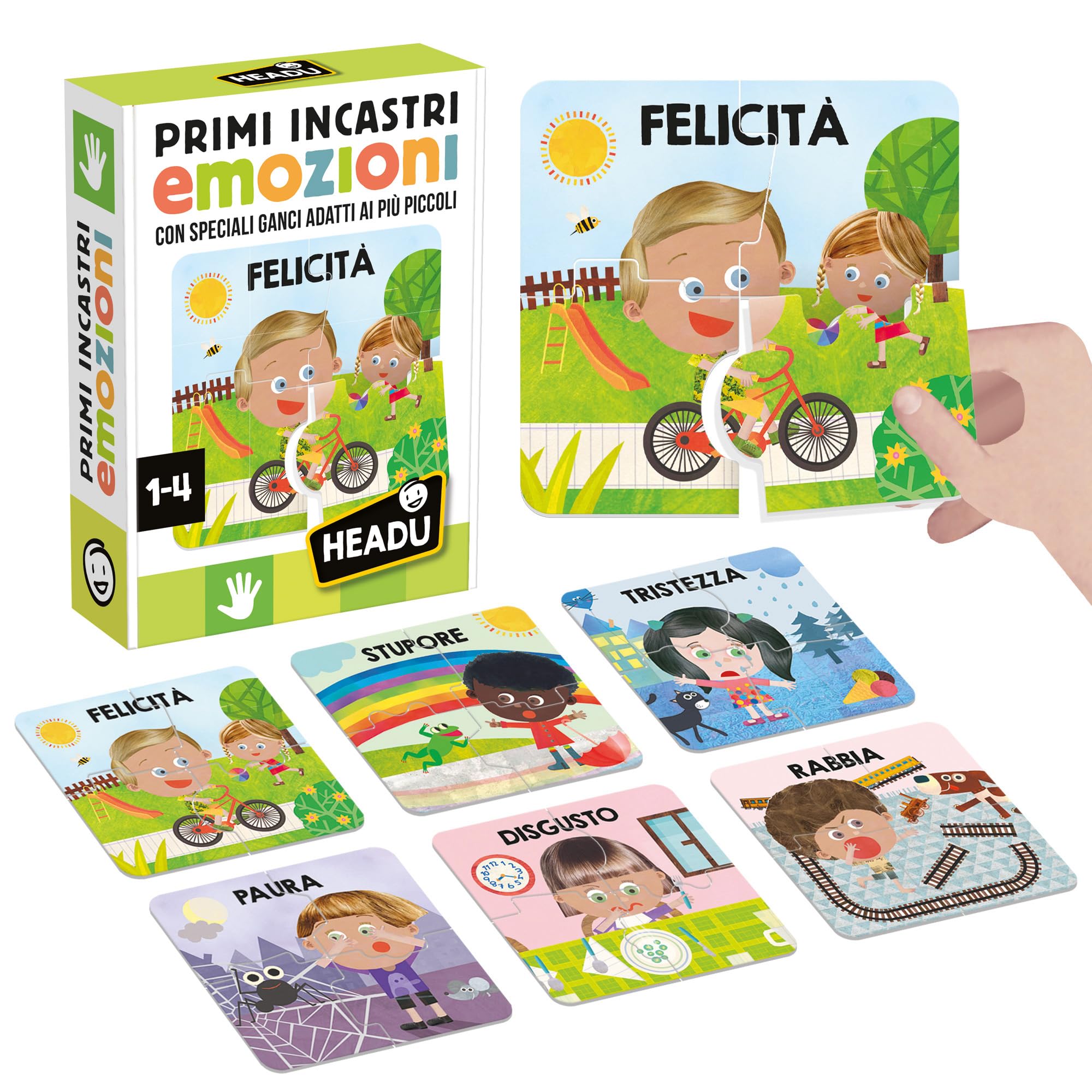Headu - Primi Incastri Emozioni - Manualità e Curiosità per i più Piccoli, per Bambini 1-4 Anni, Un Gioco Educativo Made in Italy