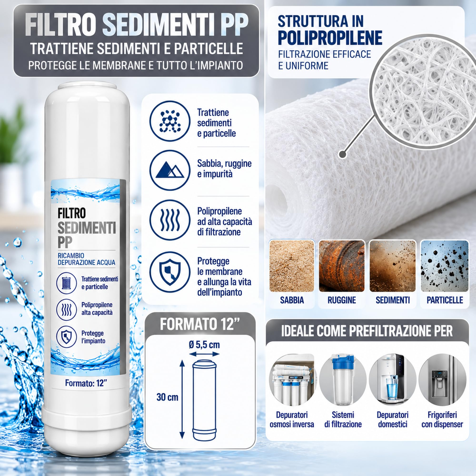 Kit 3 Filtri per Depuratore Acqua Osmosi Inversa – PP Sedimenti 12" + CTO Carbone Attivo 12" + Postfiltro T33 10" – Ricambi per Impianto Osmosi Inversa