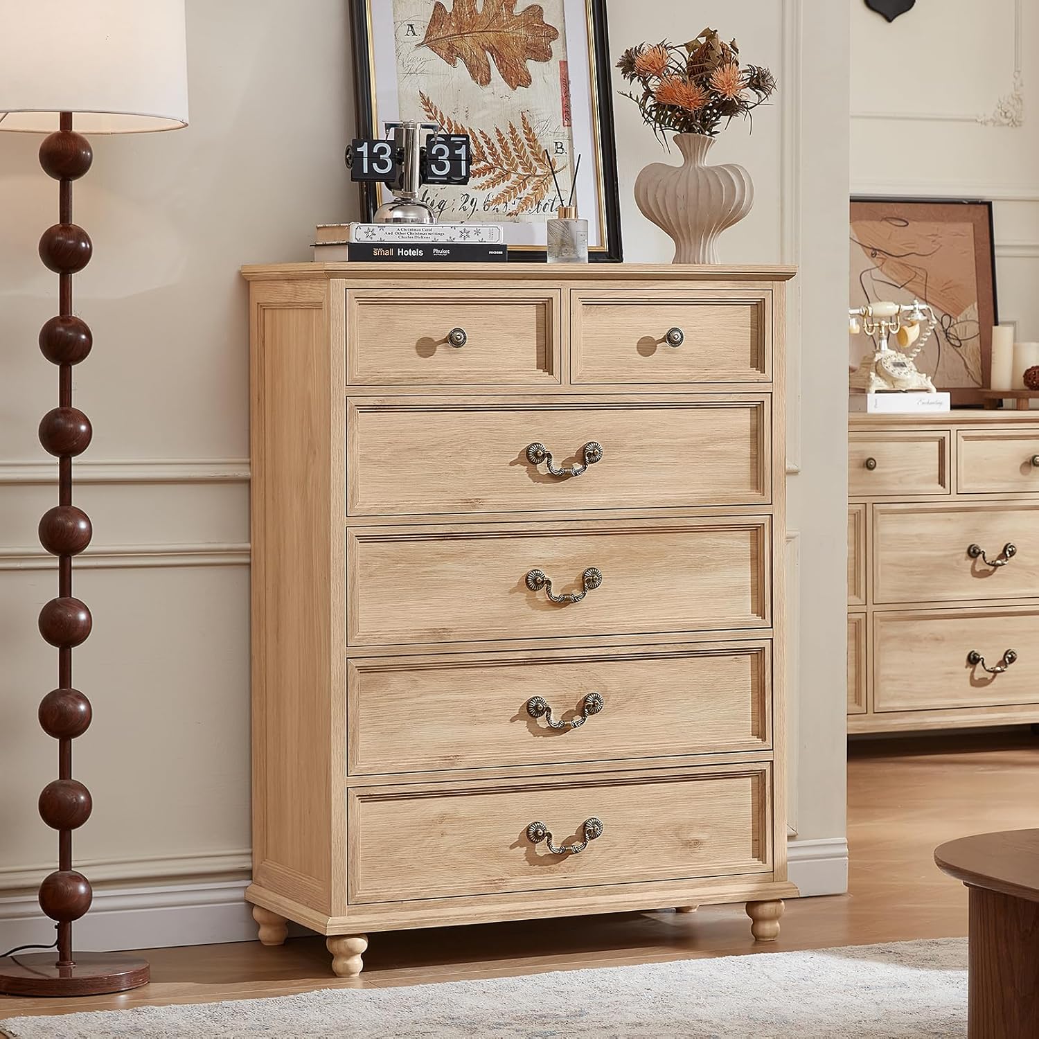 Farmhouse 6 Drawer Dresser for Bedroom, 42" Tall Rustic Chests of Drawers w/ 4 Solid Wood Feet, Mid Century Modern Wooden Closet Storage Dressers Organizer for Living Room, Hallway,Natural