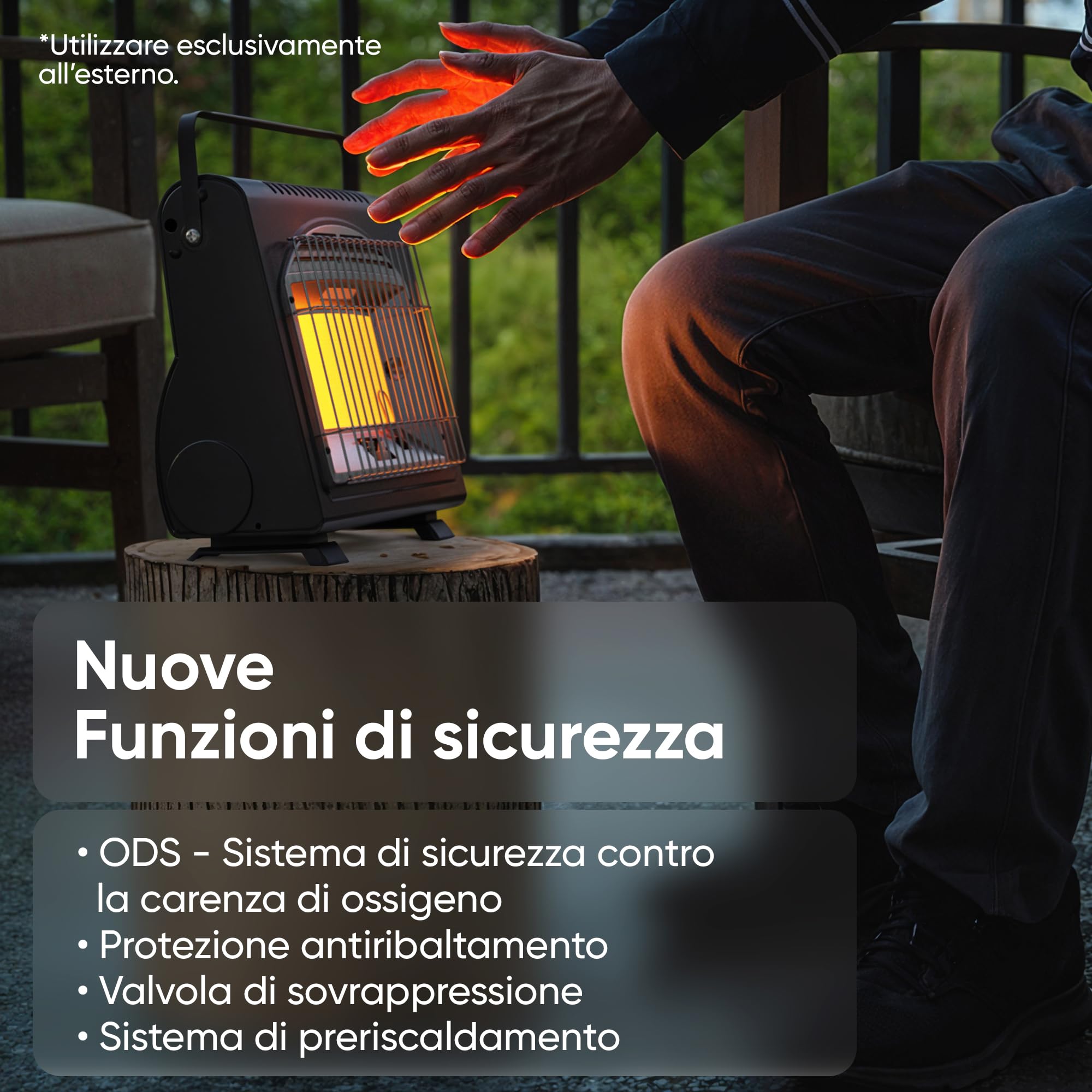 EVOCAMP Riscaldatore a gas portatile, riscaldatore da campeggio 1,7 kW, riscaldatore a gas per esterni con sistema di sicurezza contro la carenza di ossigeno (+ 4 cartucce di gas)
