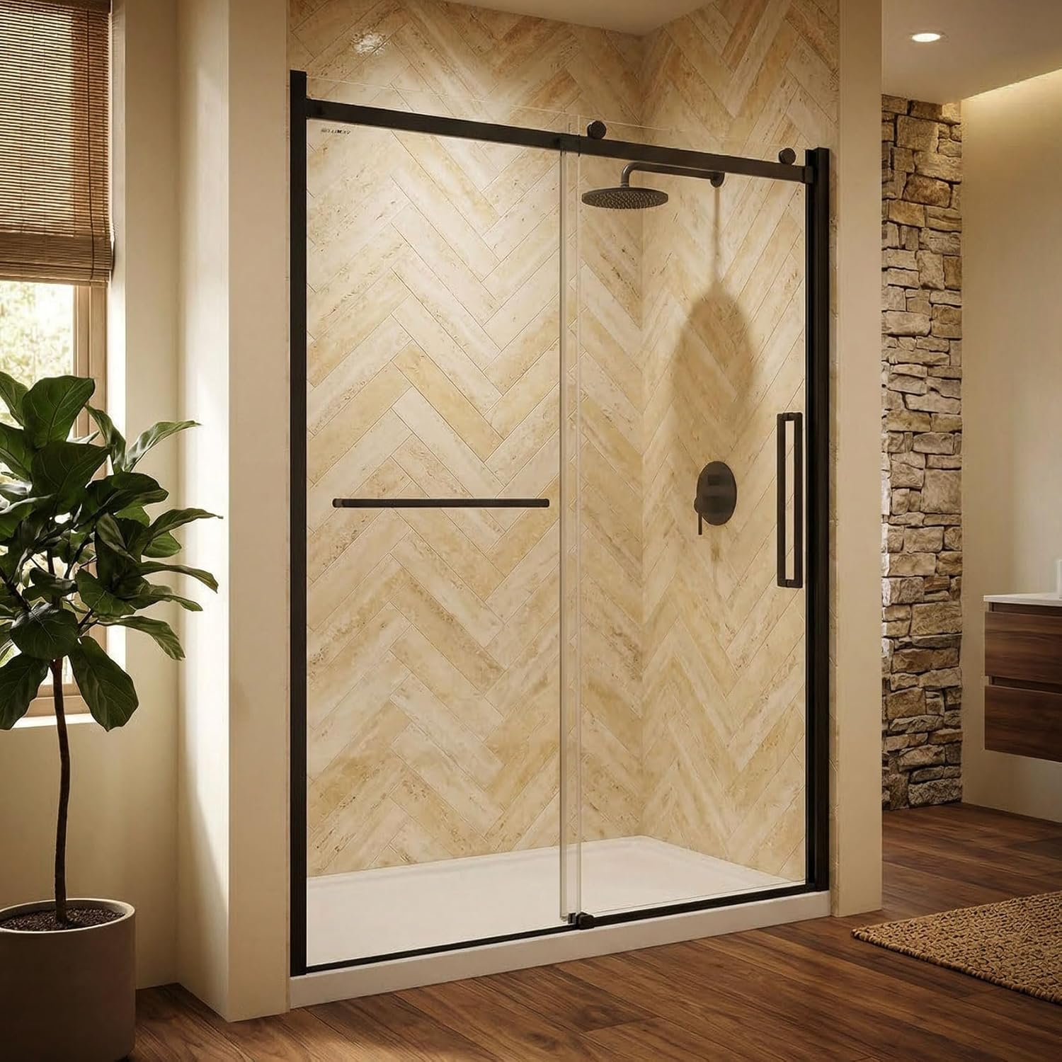 56-60" W x 76" H Frameless Sliding Shower Door, 5/16" (8mm) Clear SGCC Tempered Glass, Matte Black Finish, Bathroom Glass Door with Towel Bar