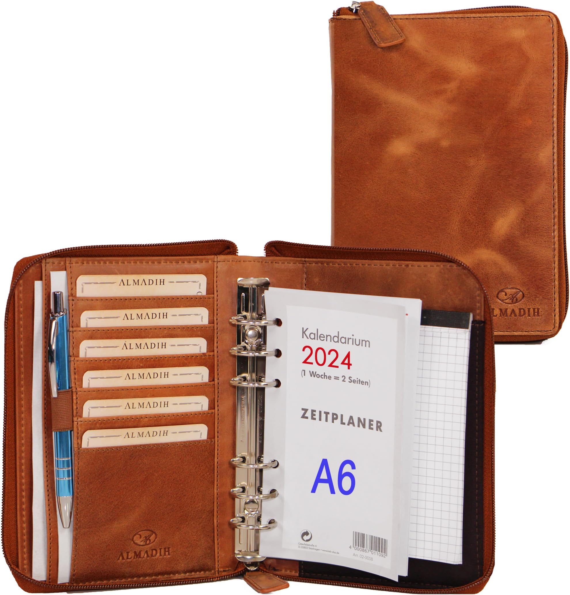 Produktbild von ALMADIH Leder Organizer A5 Mit Reißverschluss – Premium Rindsleder Mappe Mit Kalender & Block (Schwarz)
