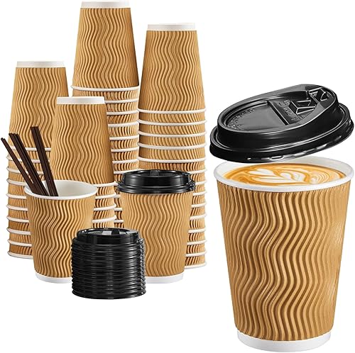 Tazas de café de 12 onzas, paquete de 90 tazas de café desechables con tapas y pajitas, tazas de café de papel aisladas para café, chocolate