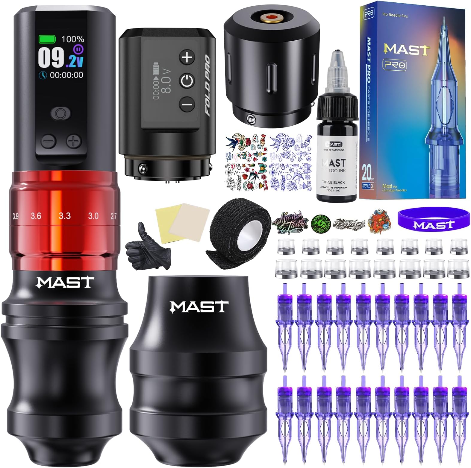 Mast Fold2 Pro Tattoo Kit, Cordless Complete Tattoo Gun Machine Kit, 2 Batteries Power Supply, 2 Grips 40mm & 44mm, Needles Cartridges Black Tattoo Ink Kit