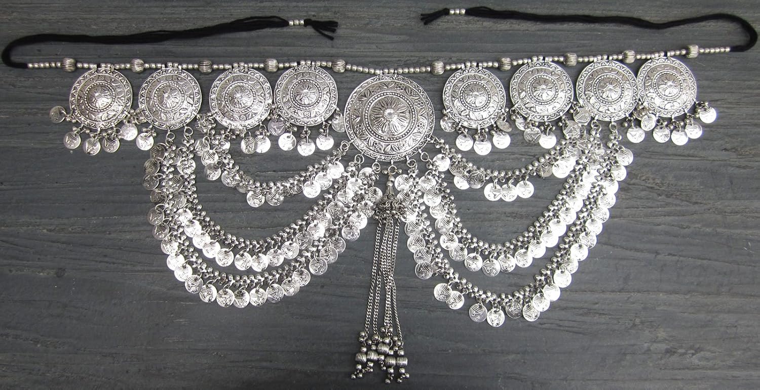 Tribal Belt Oxidized Vintage Festival Gypsy Bohemian Womens Fashion | Belly dance ATS Halloween Costume Outfit Accessory Handmade Coin Fringe Medallion Tie Belt