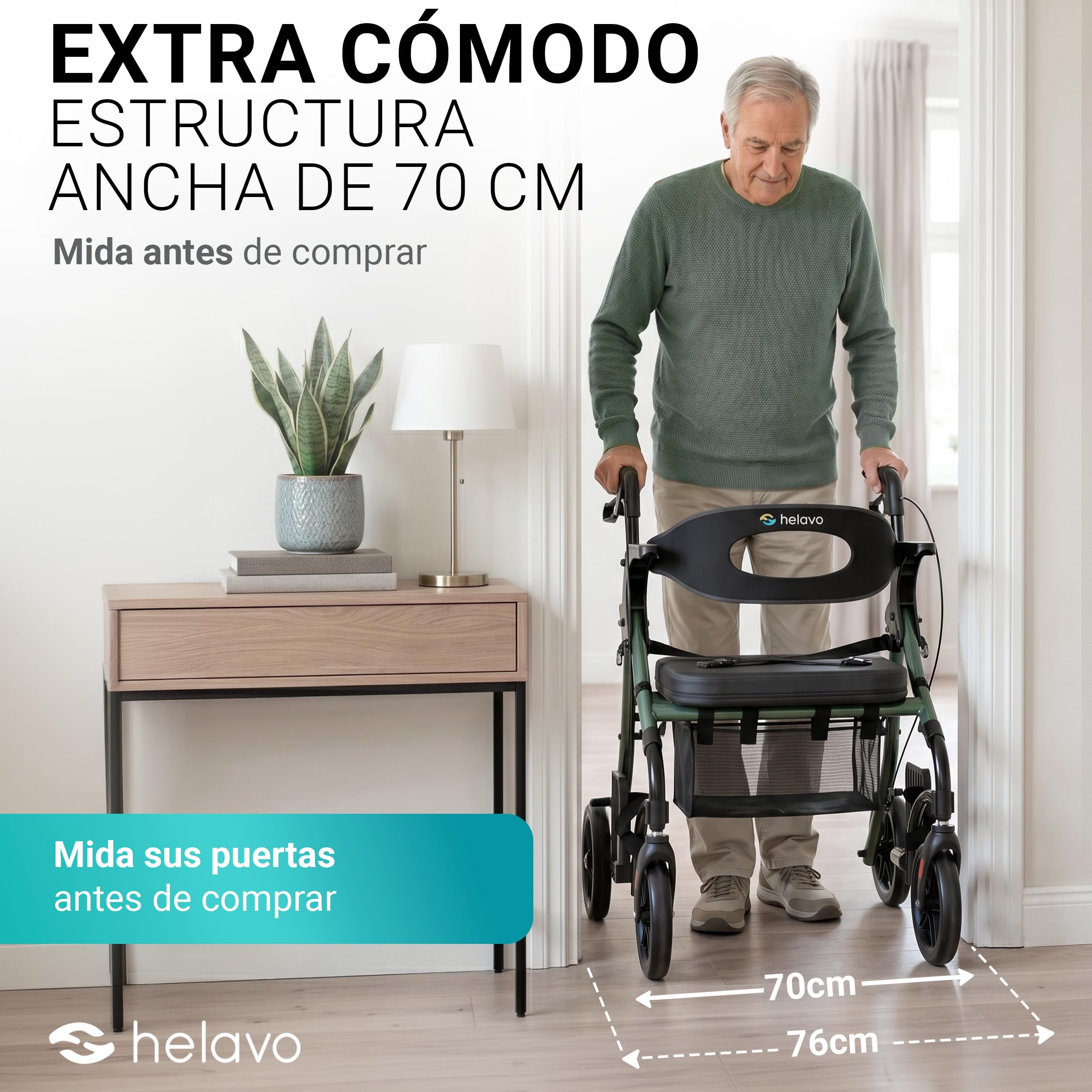 Helavo Rollator y Silla de Ruedas 2 en 1 con Ruedas Todoterreno – Andador Ligero con Función Silla de Ruedas, Plegable, Altura Ajustable, Capacidad de Carga hasta 136 kg