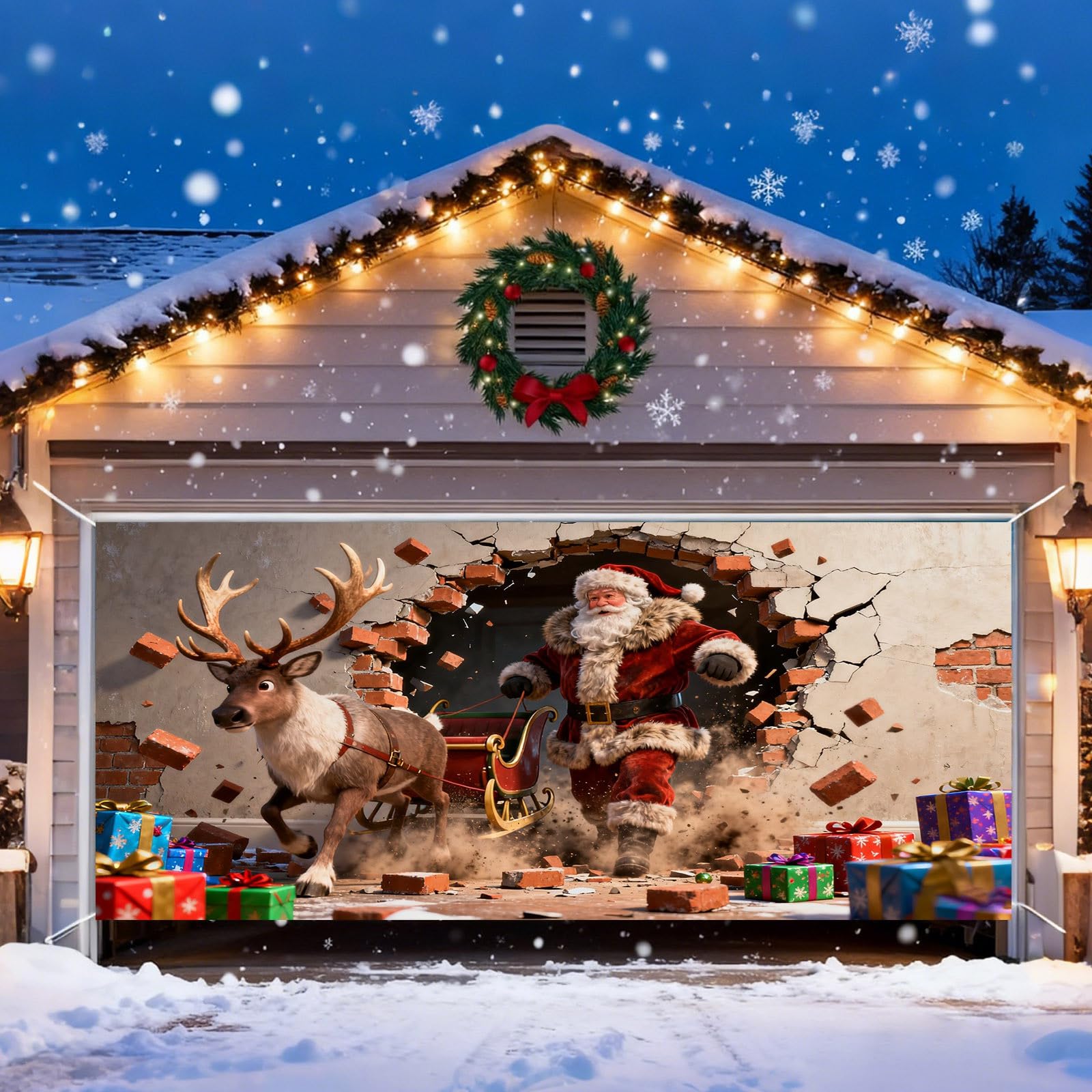 292 - Cartel de felicitaciones con texto en inglés «The Merry Christmas Christmas The Background Party Santa», fotografía de Papá Noel, fondo de puerta de garaje, decoración