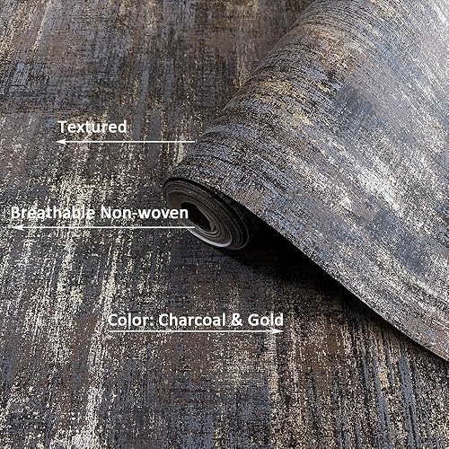Miniatura 3 de AM1NAH Papel tapiz metálico texturizado de 20.8 x 786.0 pulgadas, papel de pared tradicional envejecido industrial dorado negro