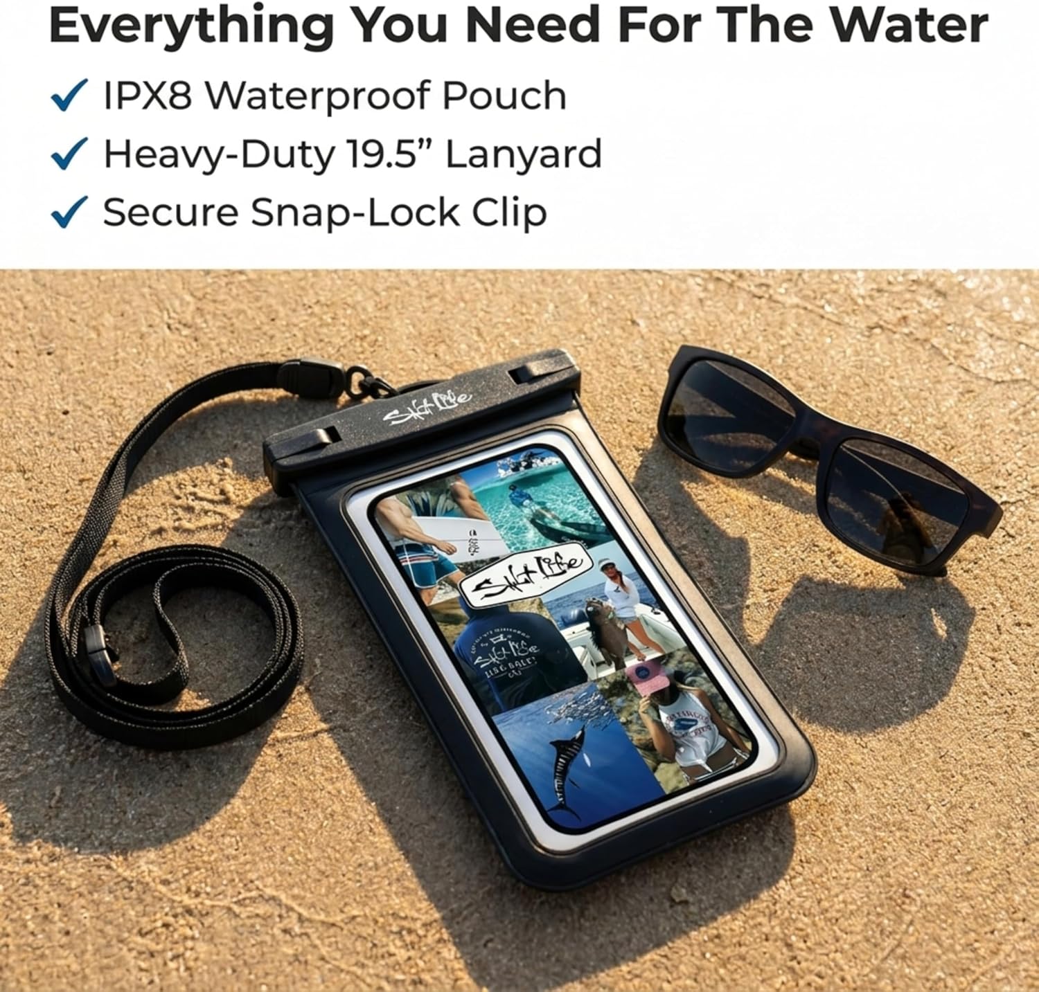 Salt Life Waterproof Phone Bag Sleeve – IPX8 100% Waterproof Protection, Universal Phone Pouch with Touchscreen Clear Window, Secure Seal Closure & Lanyard for Beach, Pool, Kayak & Travel (White)
