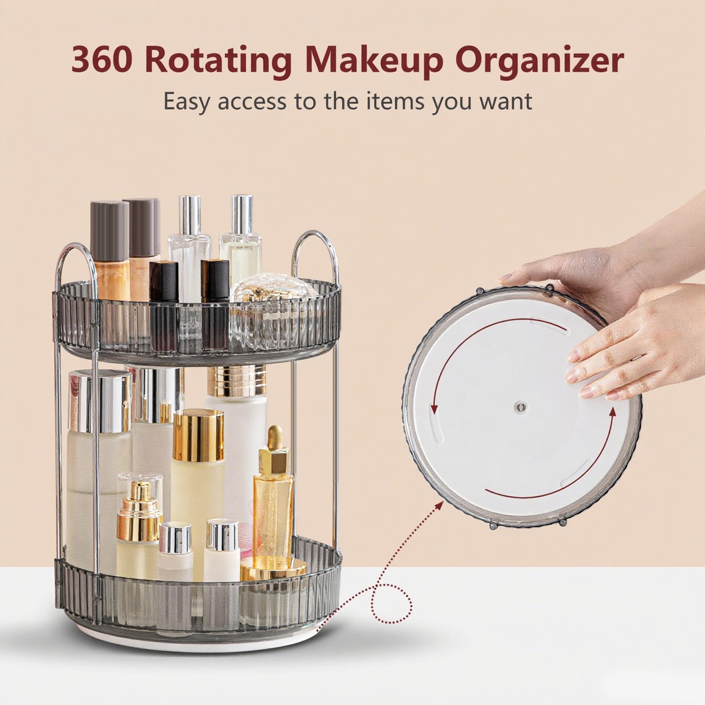INVSSENE Organizer per trucchi rotante a 360°, porta trucchi da bagno, grande capacità, ripiano per cosmetici, profumi, cura della pelle, rossetti (2 ripiani, grigio)