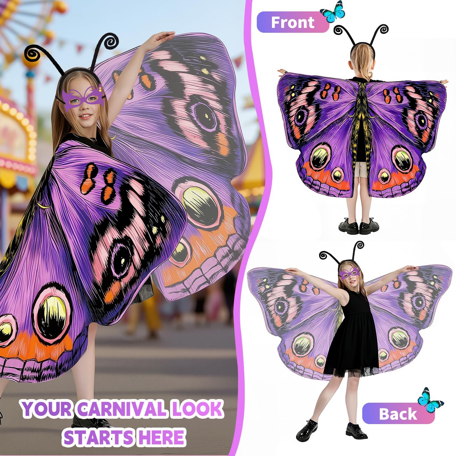 Disfraz Mariposa Niña, Alas Mariposa Disfraz con Máscara y Diadema, Suave y Transpirable, Capa de Alas para Navidad Carnaval Fiesta Pascua Cosplay — view 6
