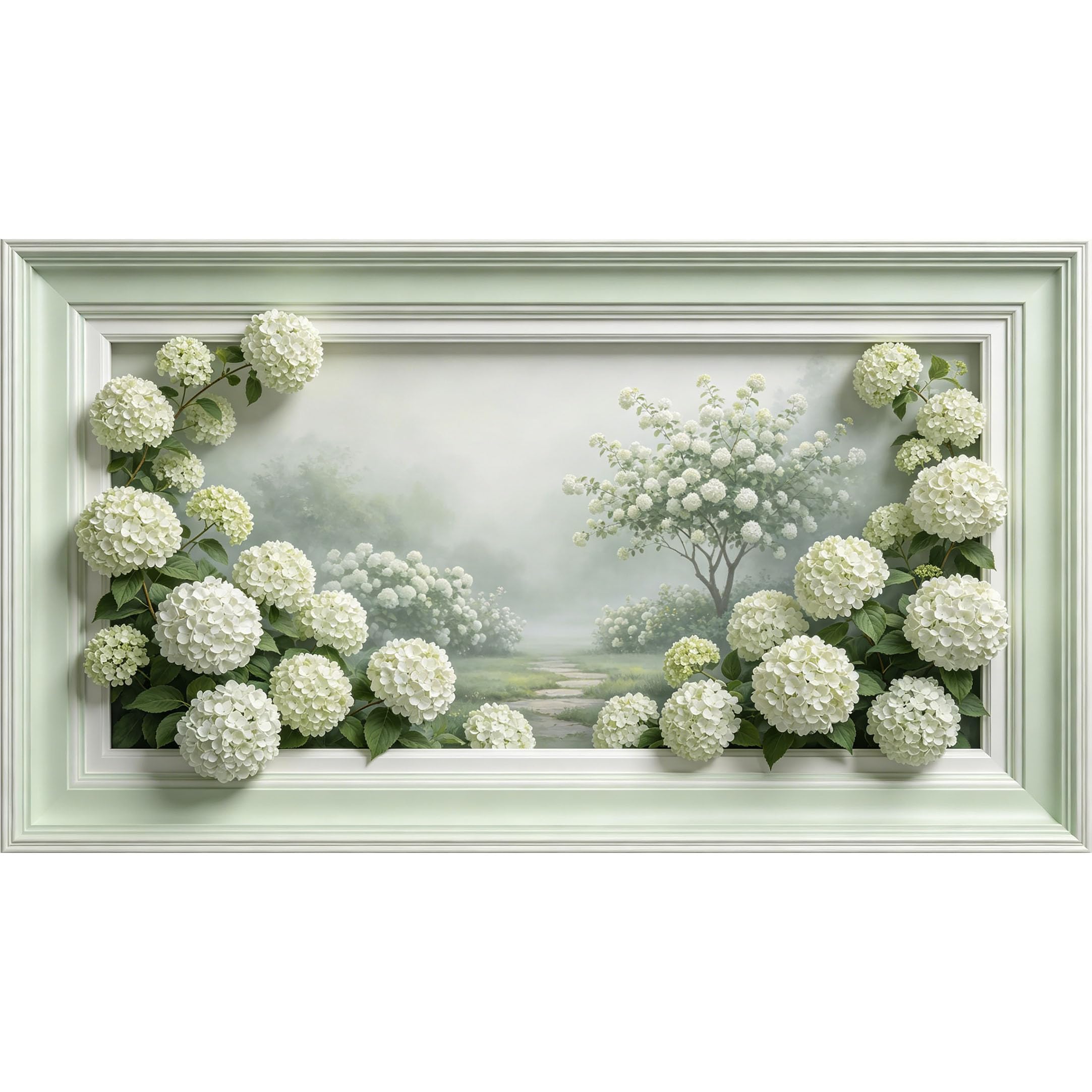 QZLITHOTIC 50×90cm3D Framed Wall Art， White Hydrangea Garden Botanical Landscape SelfAdhesive Mural， WaterActivated Peel & Stick Fabric Decor Wall Decal for Bedroom Living Room