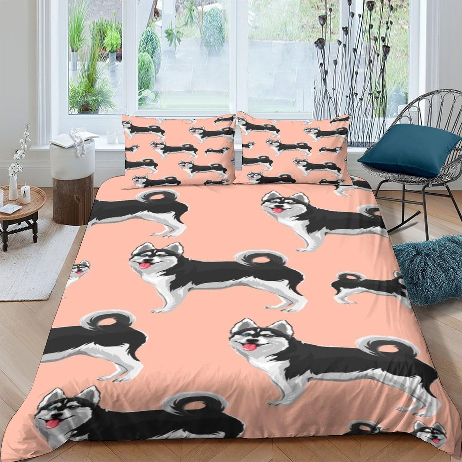TNFHSOFT Siberian Husky Duvet Cover Set, 3 Piece 3D Print Bedding Set Print Duvet Set Cute Dog Quilt Cover with Pillowcases, Suitable for Boys Girls Teen Adults Double（200x200cm）