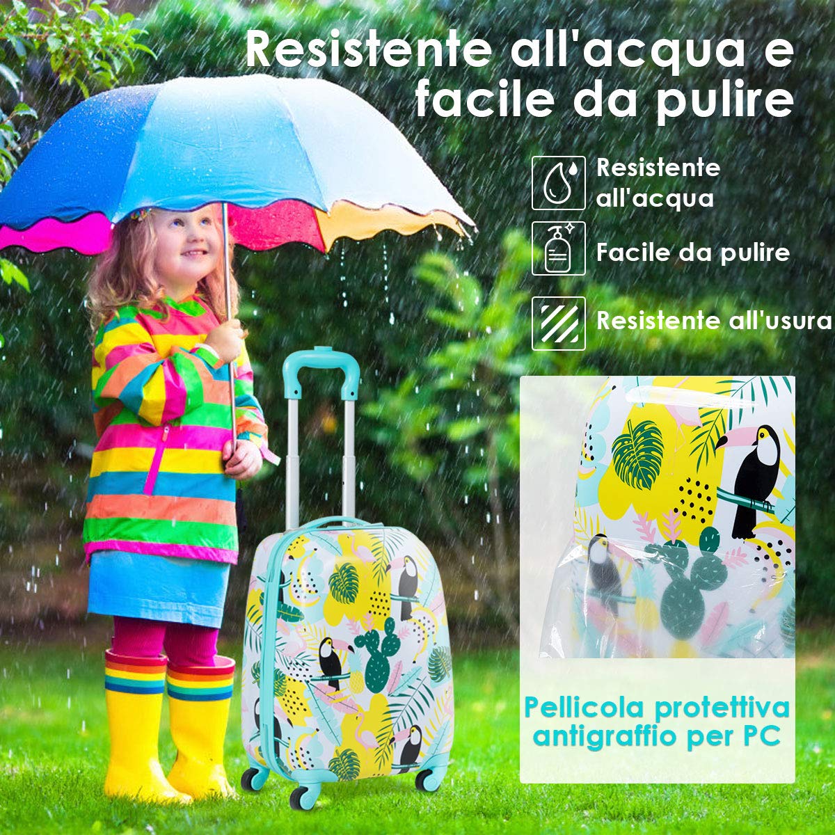 COSTWAY Set di Valigia per Bambini, 16" Valigia+ 12" Zaino, 2 Pezzi, con Ruote Girevoli a 360° e Maniglia Retrattile, Ideale per Viaggiare in Modo Comodo e Divertente