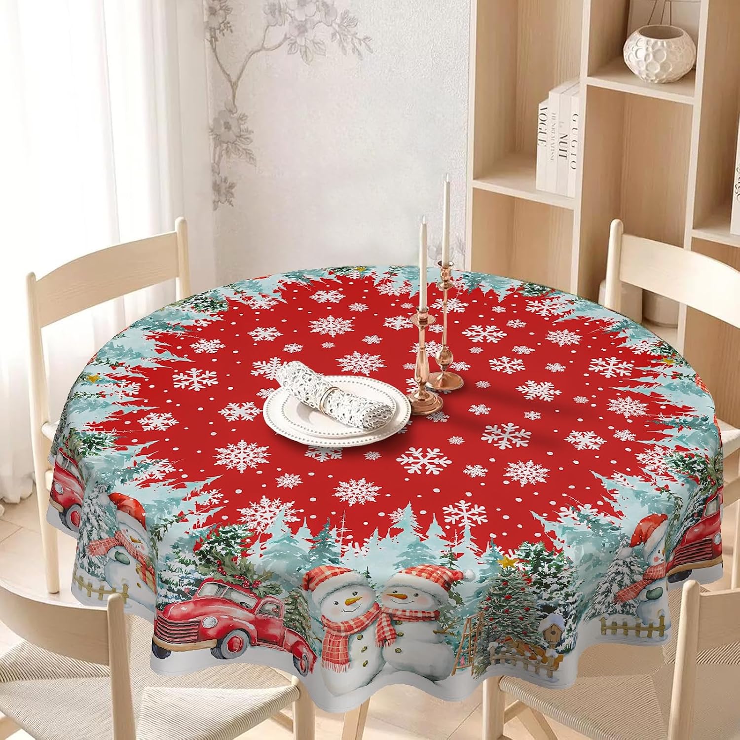 Round Christmas Tablecloth 70x70 Inch, Farmhouse Red Snowman Snowflake Christmas Table Cloth, Polyester Waterproof Wrinkle Resistant Xmas Tables Cover for Holidays Kitchen Dinning Home Decor