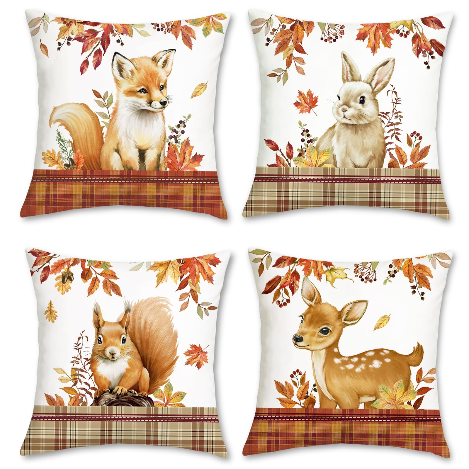 Bonhause Set of 4 Cushion Covers Animals 45 x 45 cm Fox Deer Squirrel Rabbit Velvet Soft Decorative Cushion Cover Decorative Cushion Covers for Sofa Home Garden Decoration