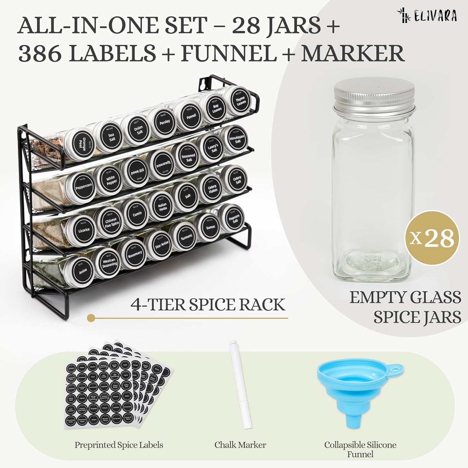 4-Tier Spice Rack Organizer Set – Wall Mounted or Countertop – Includes 28 Glass Spice Jars, 386 Spice Labels, Funnel, and Chalk Marker – Kitchen Spice Storage Solution
