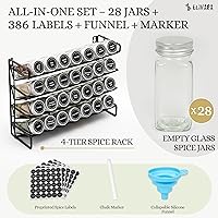 Vista 2 de 4-Tier Spice Rack Organizer Set – Wall Mounted or Countertop – Includes 28 Glass Spice Jars, 386 Spice Labels, Funnel, and Chalk Marker – Kitchen