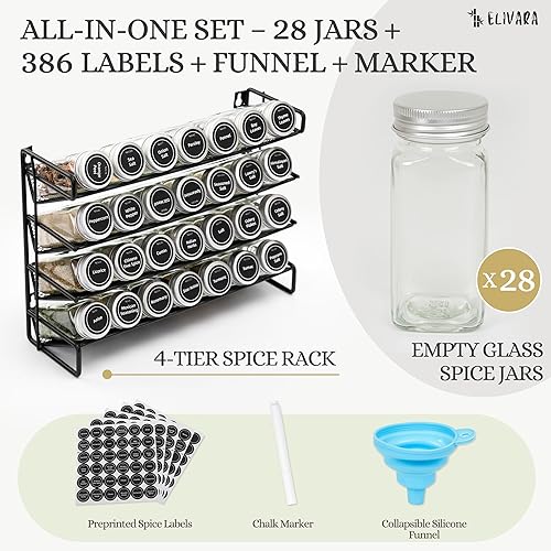 Miniatura 2 de 4-Tier Spice Rack Organizer Set – Wall Mounted or Countertop – Includes 28 Glass Spice Jars, 386 Spice Labels, Funnel, and Chalk Marker – Kitchen