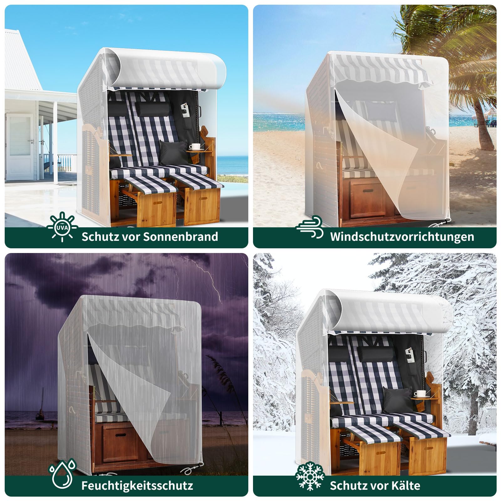 RICHIE Strandkorbhülle Wasserdicht, Winddicht, UV-beständig, reißfest Aufgewertete PE-Gewebeabdeckung für Strandkorb (125x90x135/165cm), Transparent