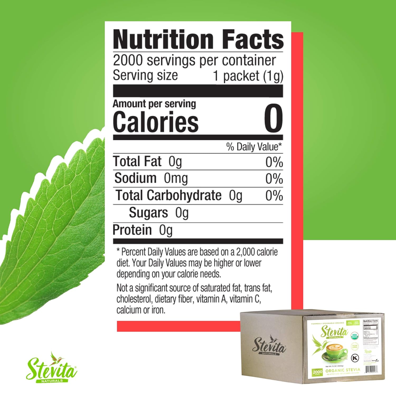 Stevita Organic Spoonable Stevia Packets - 2000 count - Stevia & Erythritol All Natural Sweetener, No Calories - USDA Organic, Non GMO, Vegan, Kosher, Paleo, Gluten-Free - 2000 Servings