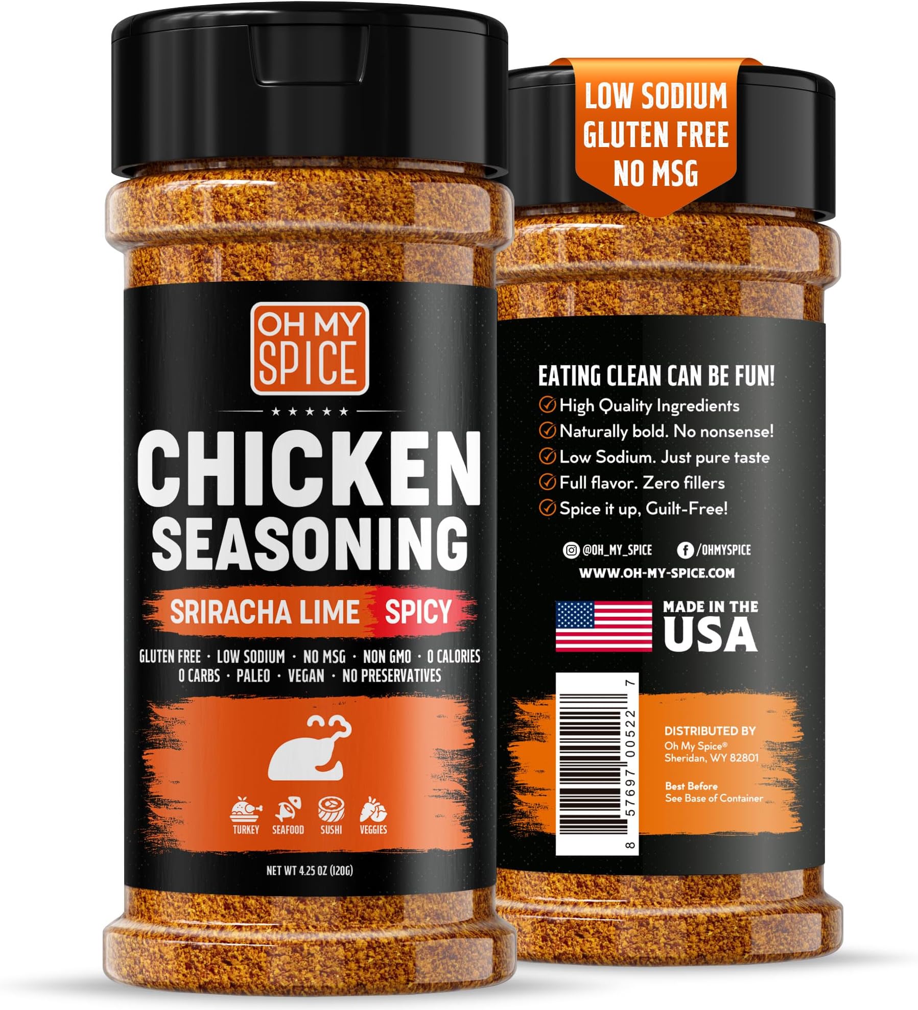 Chicken Seasoning Spicy Chili Lime Mix - Gluten Free & Low Sodium Hot Poultry Seasonings & Grilling Wing Rub. Sriracha Seasonings Rub for Spicy Wings. Hot Rotisserie Chicken Seasoning Salt. 4.25oz