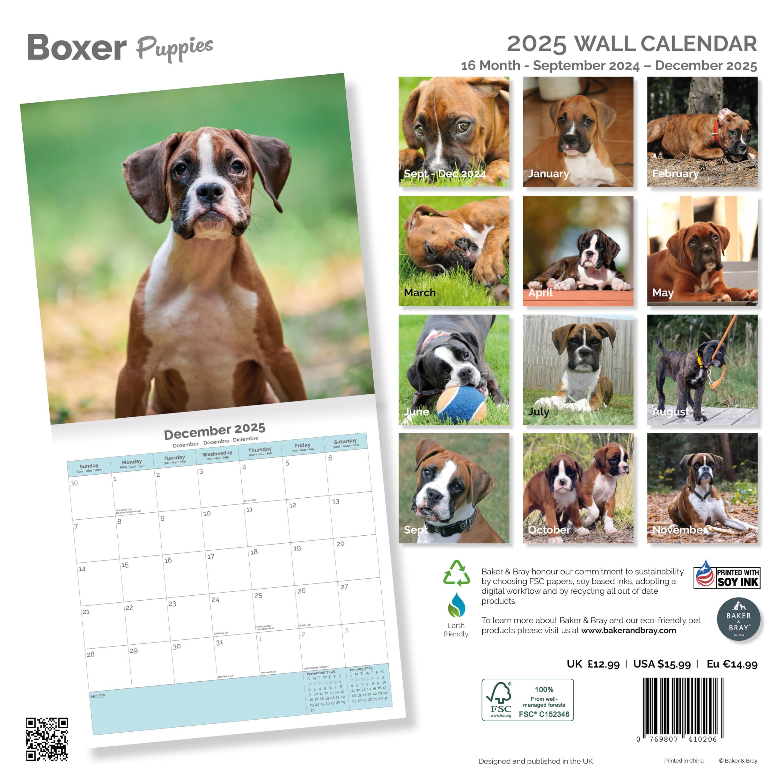 Baker and Bray Boxer Dog Puppies Calendar 2026, Large Square Wall Calendar With Organisational Stickers, 16 Month - Image 2