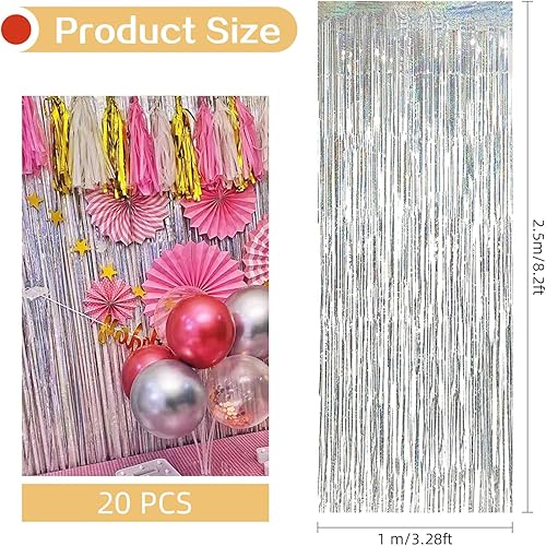 Miniatura 10 de Paquete de 20 cortinas de papel de aluminio plateado de 3.2 x 8.2 pies, cortinas de telón de fondo de flecos de papel de aluminio metálico para
