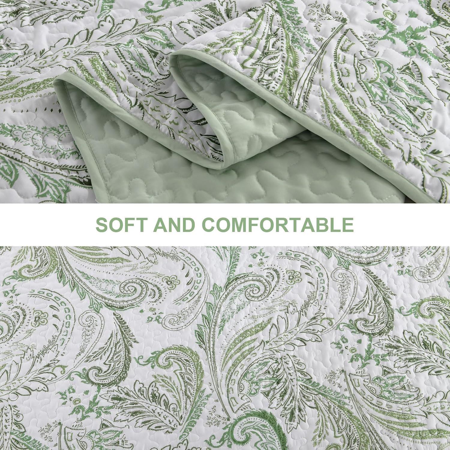 WONGS BEDDING Boho Quilt Set Queen,Green Paisley Floral Pattern Bedspread Coverlet Set with 2 Pillowcases,3 Piece Lightweight Microfiber Bohemian Quilt Bedding Set 96"×90" - Image 5